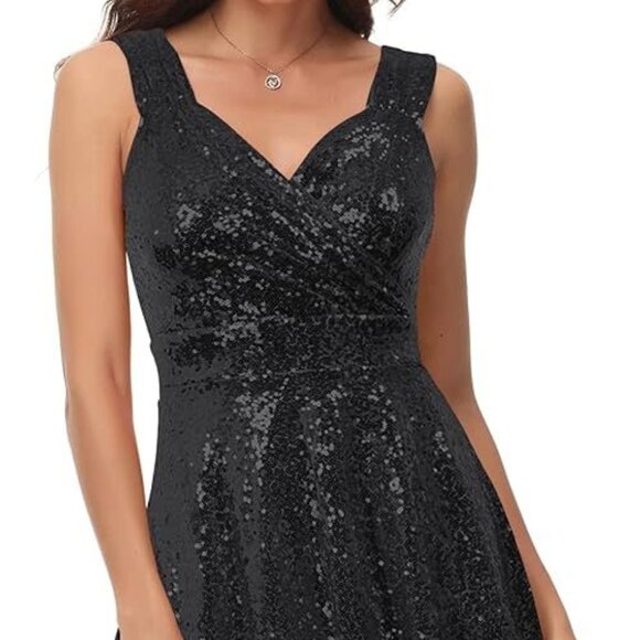 Grace Karin Sleeveless Wrap V-Neck A-line Black Sparkling Sequin Dress Size M - Picture 5 of 13